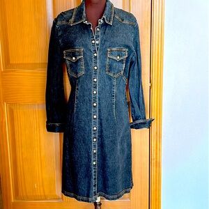 CREDENTIALS s14P blk denim shirtdress-pearl button snaps-cotton/spandex